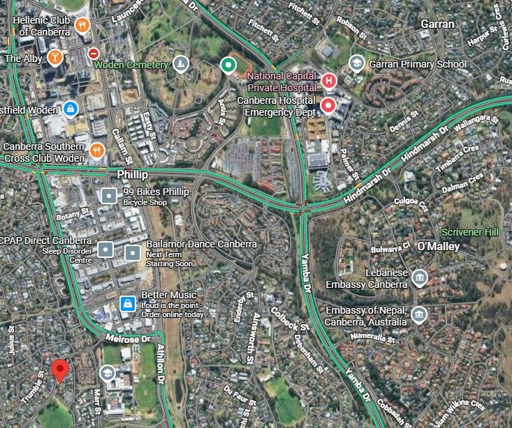Map showing the location of Prestige at 25 Hodgson Crescent, Pearce, near Phillip and the Woden town centre, ACT