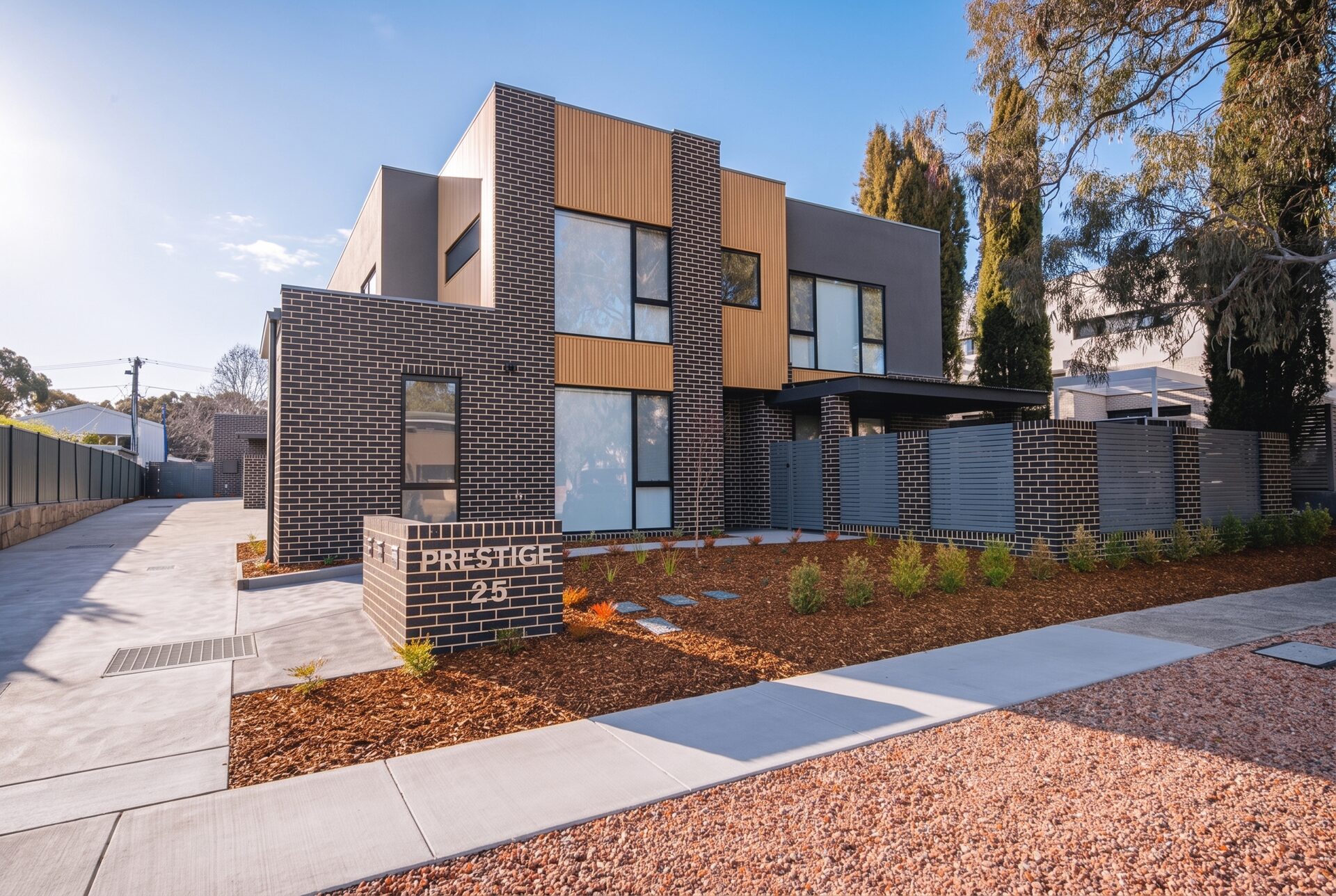 Street view of the Prestige townhouses at 25 Hodgson Crescent, Pearce ACT